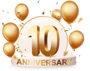 Altın konfeti ve balonlarla 10. Yıldönümü kutlama podyumunun gösterimi