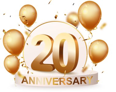 Altın konfeti ve balonlarla 20. yıldönümü podyumunun gösterimi