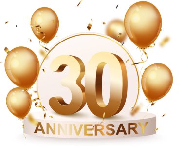 Altın konfeti ve balonlarla 30. Yıldönümü kutlama podyumunun gösterimi