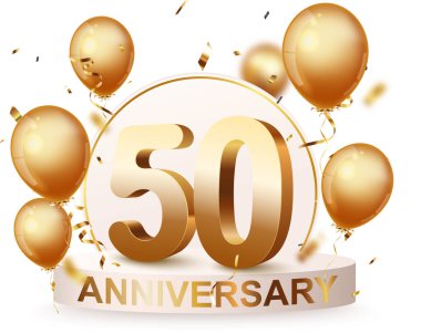 Altın konfeti ve balonlarla 50. yıl dönümü kutlamaları podyumunun arka planı