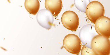 Altın konfeti ve balonlarla kutlama pankartı vektör illüstrasyonu