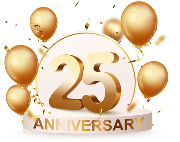 Vector Illustration 25Th Anniversary Celebration Podium Background Gold Confetti Balloons — Stock Vector