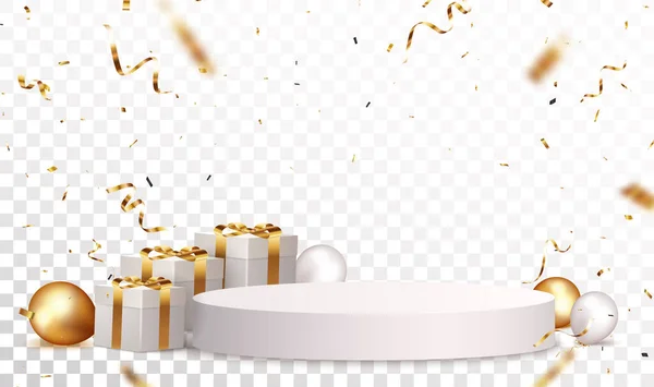 Ilustração Vetorial Fundo Pódio Celebração Vazio Com Confete Ouro Balões — Vetor de Stock