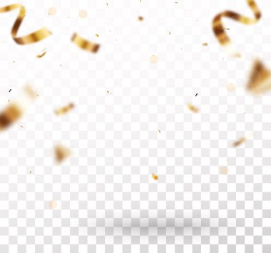 Şeffaf arkaplanda izole edilmiş Altın konfeti ve kurdele afişi