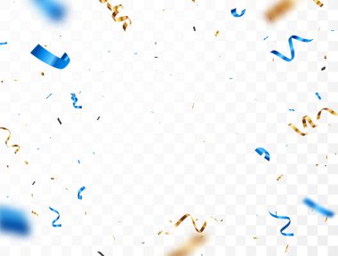 Beyaz arkaplanda izole edilmiş mavi ve altın konfeti afişi