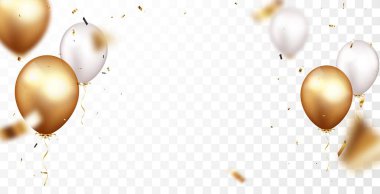 Altın konfeti ve balonlarla kutlama pankartı vektör illüstrasyonu