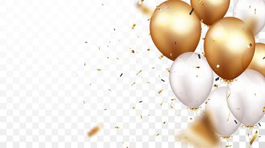 Altın konfeti ve balonlarla kutlama pankartı vektör illüstrasyonu