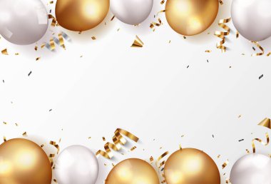 Altın konfeti ve balonlarla kutlama pankartı vektör illüstrasyonu