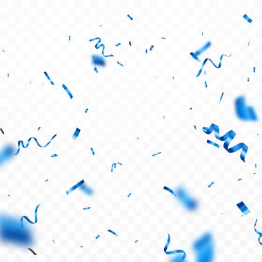 Mavi konfeti ve kurdelenin vektör çizimi, şeffaf arkaplanda izole edilmiş.