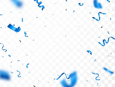 Mavi konfeti ve kurdelenin vektör çizimi, şeffaf arkaplanda izole edilmiş.