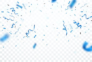 Mavi konfeti ve kurdelenin vektör çizimi, şeffaf arkaplanda izole edilmiş.