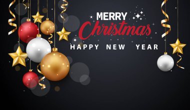 Köknar ağacı dalları, altın konfeti ve parıltılarla Noel süslemesinin vektör çizimi