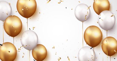 Altın konfeti ve balonlarla kutlama arkaplanının vektör illüstrasyonu, metin için boşluklu tasarım ögesi