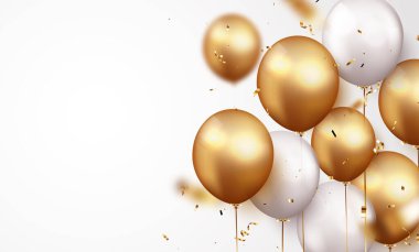 Altın konfeti ve balonlarla kutlama arkaplanının vektör illüstrasyonu, metin için boşluklu tasarım ögesi