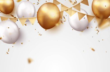 Altın konfeti ve balonlarla kutlama arkaplanının vektör illüstrasyonu, metin için boşluklu tasarım ögesi