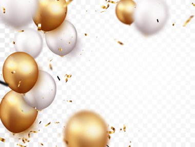 Altın konfeti ve balonlarla kutlama arkaplanının Vektör İllüstrasyonu, metin için alanı olan tasarım ögesi