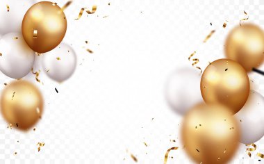 Altın konfeti ve balonlarla kutlama arkaplanının Vektör İllüstrasyonu, metin için alanı olan tasarım ögesi
