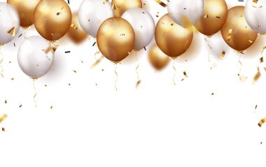 Altın konfeti ve balonlarla kutlama arkaplanının Vektör İllüstrasyonu, metin için alanı olan tasarım ögesi