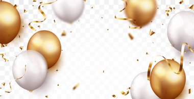 Altın konfeti ve balonlarla, tasarım elementiyle kutlama arkaplanının Vektör İllüstrasyonu
