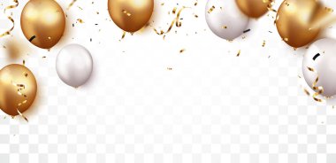 Altın konfeti ve balonlarla kutlama pankartı vektör illüstrasyonu