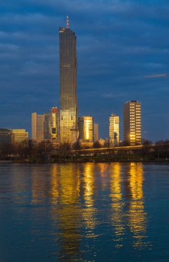 Skyscrapers at the blue hour on the Danube in Vienna, Austria