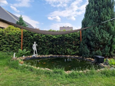 Bahçe göletinin üzerinde bir gölge