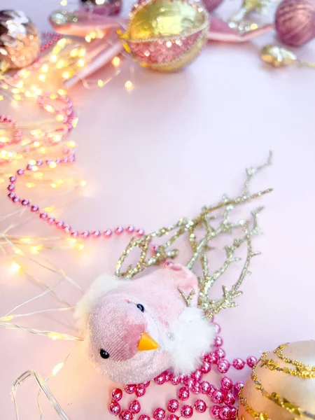 Confeti Decoración Marco Navidad Rosa Oro Espacio Para Texto —  Fotos de Stock