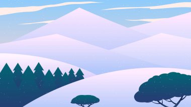 VIEW OF SNOW MOUNTAIN & PINE FOREST is a vector illustration showing a view mountains covered with thick snow and there are also shady pine forests.