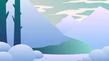 VIEW OF FROZEN RIVER & ICEBERG is a vector illustration showing a view frozen river flanked by icebergs on the right & left of the river. There are also trees on the banks of the river.