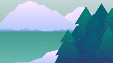 VIEW OF FROZEN LAKE IN THE MORNING is a vector illustration showing a view frozen lake behind which there are icebergs and on the edge of the lake there is also a pine forest.