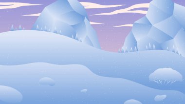 VIEW OF THE SUNSET BEHIND THE ICEBERG is a vector illustration showing a view of an iceberg and the sun is starting to set. There are also several pine trees covered in thick snow.