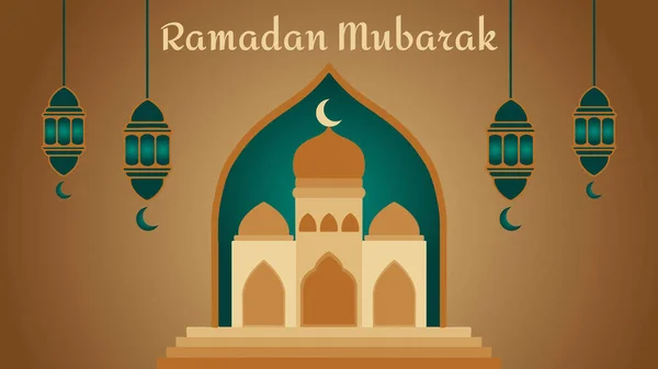 Vector Ramadan Mubarak Golden Mosque Background是一个美丽的矢量插图 展示了黄金清真寺的建筑 还有一些灯笼是黄金和绿色的结合体 — 图库矢量图片