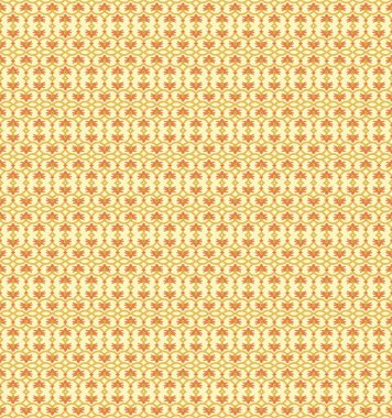 Sarı, turuncu ve kahverengi motifler içeren simetrik bir desen bir kilimi ya da kağıt tasarımını anımsatıyor..