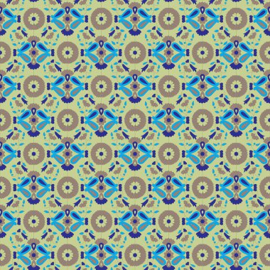 Sarı ve kahverengi ipuçları içeren mavi ve turuncu motifleri içeren simetrik bir tekstil tasarımı görsel sanatın bir parçasını yaratıyor..