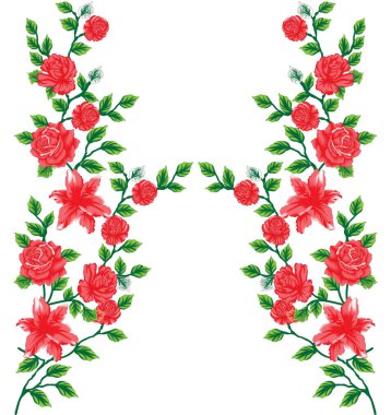 Detaylı bir sanat tarzıyla tasvir edilmiş kırmızı bir gül. Çiçek dizaynında bahçe ve çiçeklerin özelliklerini sergiliyor..