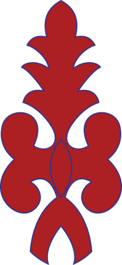 Süslü, stilize kırmızı tasarım yaprak gibi üst ve kıvrımlı, simetrik elementler, koyu mavi ile özetlenmiş