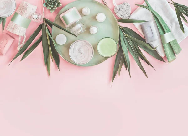 现代美感和皮肤护理 各种天然化妆品 竹枝和芦荟叶 生态友好的身体护理和水疗配件在粉红的背景上 零浪费 顶部视图 — 图库照片