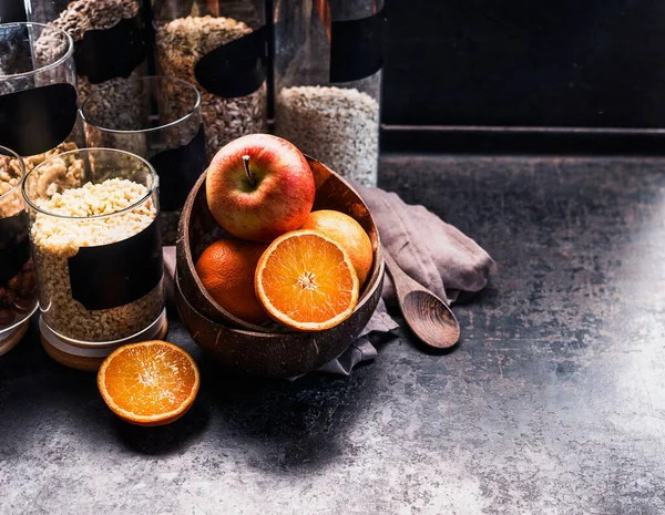 Ingredientes Saludables Para Desayuno Vegano Nueces Cereales Vasos Para Granola — Foto de Stock