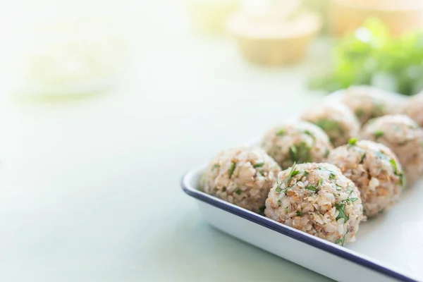 Heerlijke Veganistische Boekweitballen Keukentafel Met Ingrediënten Gezond Thuis Koken Eten — Stockfoto