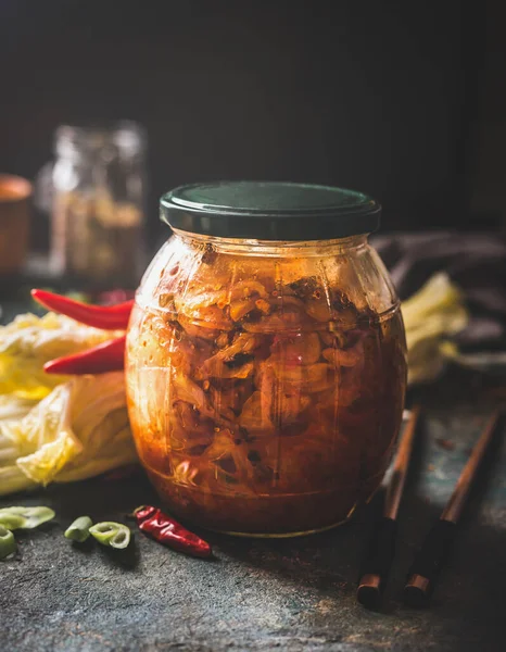 Fermented Food Homemade Chinese Cabbage Hot Sauce Kimchi Glass Jar — Stock Photo, Image