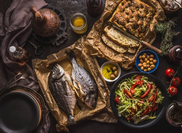 Mediterranean Lunch Dinner Roasted Dorado Fishes Homemade Focaccia Bread Olive — Stock Photo, Image