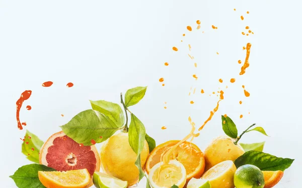 不同种类的柑橘类水果 白底有果汁飞溅 石灰和柠檬 半片和四分之一的水果 健康食品和饮料概念 — 图库照片