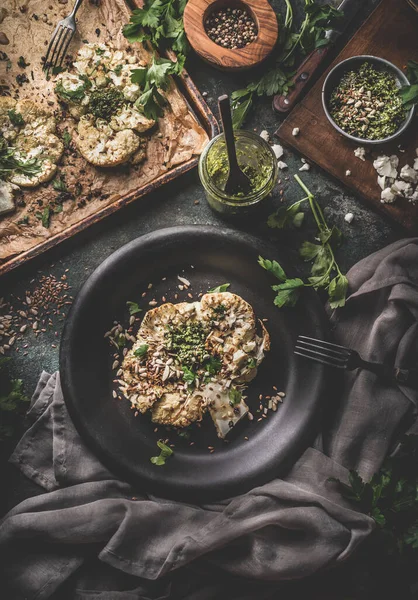Vegan Roasted Cauliflower Steak Green Kale Pesto Linseed Pine Nuts — Stock Photo, Image