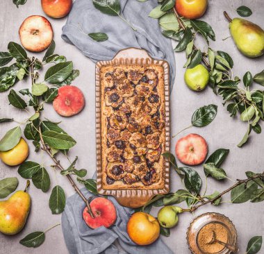 Mevsimlik pişirme. Bahçeden organik malzemelerle birlikte açık meyveli turta, üst manzara. Temiz mevsimlik yiyecekler. Düz yatıyordu.