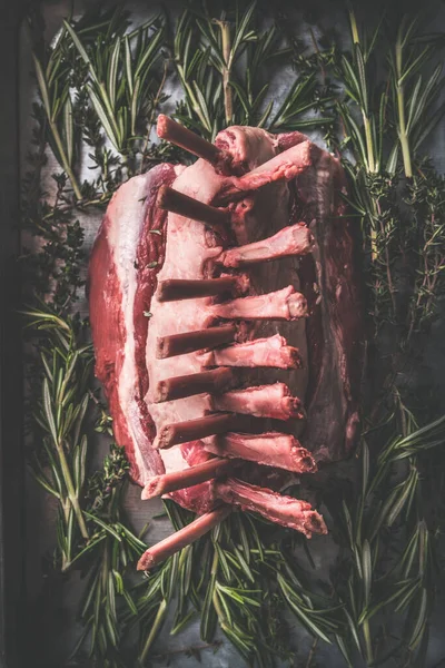 Close Raw Lamb Racks Preparation Dark Rustic Kitchen Table Background — Stockfoto