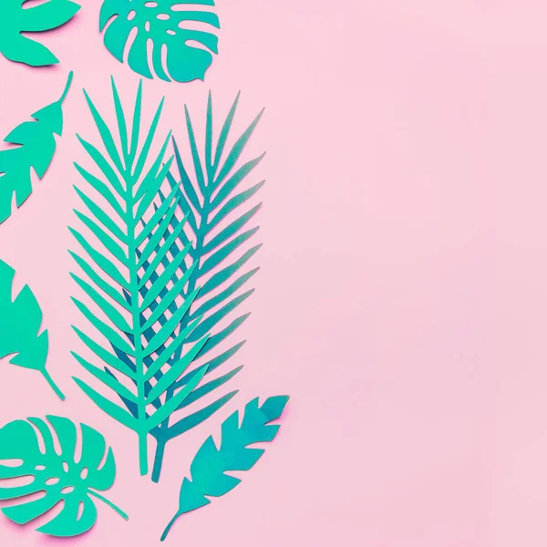 Turquoise green tropical leaves on pink background , flat lay. Copy space. Paper tropical leaves