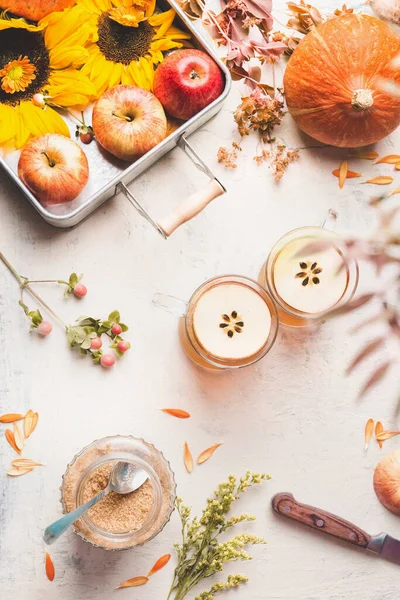 Höstens Layout Glasmuggar Med Äppelvarm Cider Eller Äppelglögg Med Äppelskivor — Stockfoto