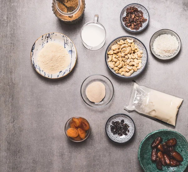 Healthy Vegan Diet Ingredients Bowls Cashew Almond Flour Coconut Cream — Stock Photo, Image