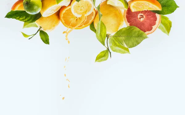 一组不同的有机柑橘类水果 有一半 绿叶和果汁溅在白色的背景与文字 健康的天然不变助推器 更新配料 抗氧化剂 — 图库照片