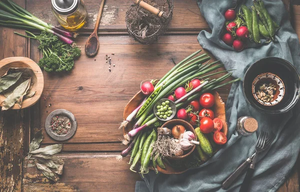 Gesunde Vegetarische Ernährung Und Hausmannskost Konzept Vegane Zutaten Auf Rustikalem — Stockfoto